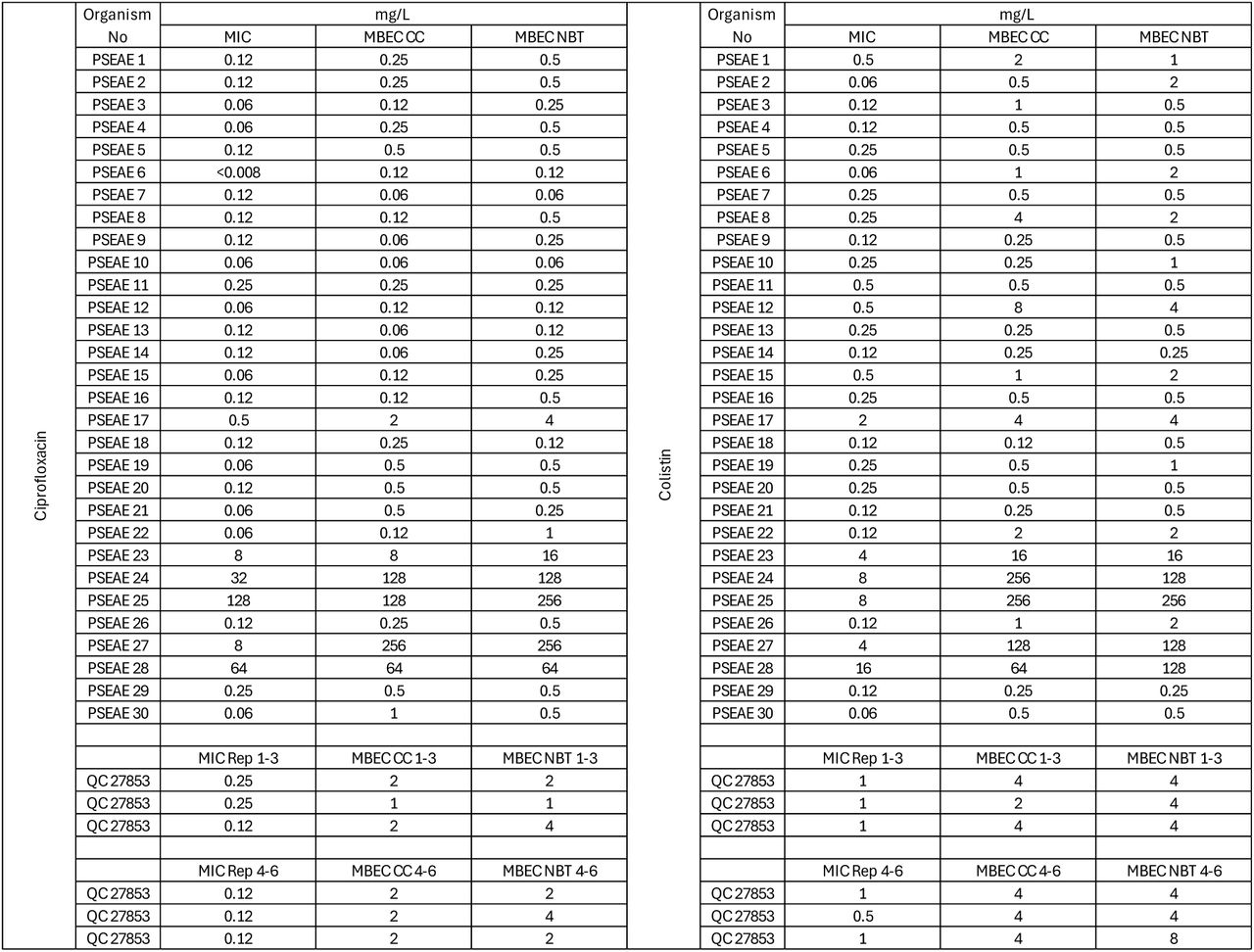 Mean MIC and MBEC Pseudomonas aeruginosa vs ciprofloxacin, Mean MIC MBEC Pseudomonas aeruginosa vs Colistin