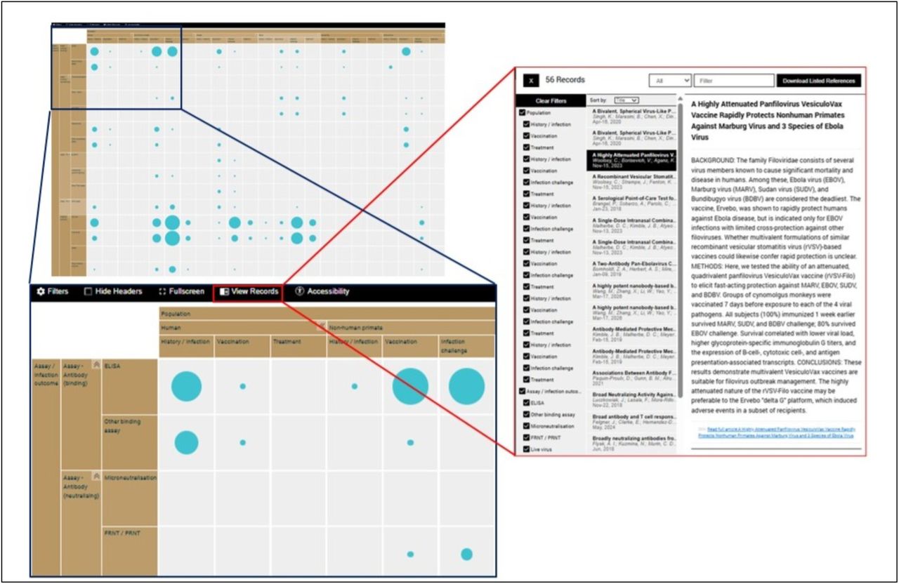 Screenshots of the Bundibugyo Virus evidence map. Studies are categorised by population (human or animal species), exposure, and the immune assays and/or infection outcomes reported.