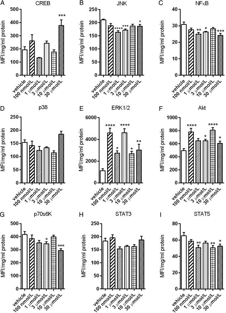 Signal transduction by CBD in human endothelial cells. Levels of phosphorylated CREB (A), JNK (B), NFκB (C), p38 (D), ERK/MAP kinase 1/2 (E), Akt (F), p70 S6 kinase (G), STAT3 (H), and STAT5A/B (I) were measured in human aortic endothelial cell lysates after 10 min treatment with increasing concentrations of CBD using the Luminex® xMAP® technology and normalized to total protein content. MFI, median fluorescent intensity. Data are presented as mean ± SEM (n = 6) and were analysed by ANOVA with Dunnett's post-hoc analysis against the vehicle control response. *P < 0.05, **P < 0.01, ***P < 0.001, ****P < 0.0001.