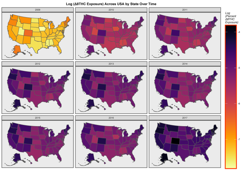 Map of the log (Δ8THC estimates) across the USA over time.