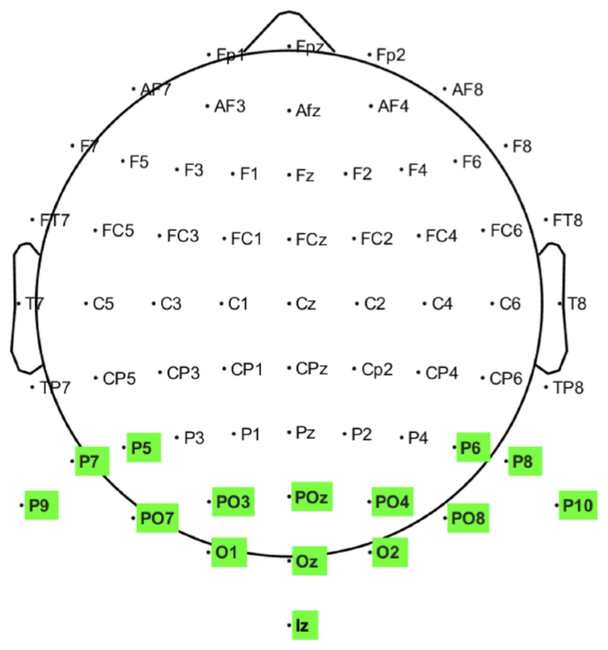 Locations of the occipitoparietal electrodes (highlighted in green) used in our analysis.