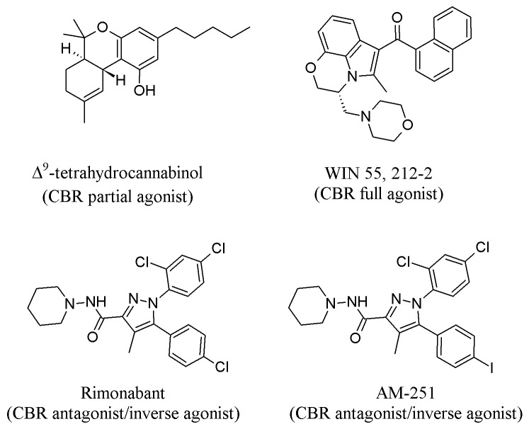 Chemical structures of cannabinoids, agonists and antagonists discussed in this review. Structures obtained from The PubChem Project [108-111].