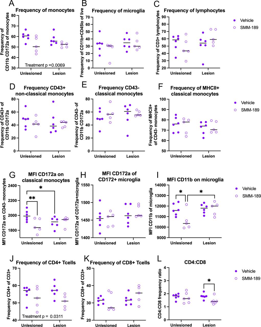 Modulation of CB2 with SMM-189 globally reduces infiltrating monocytes and brain myeloid cell activation at 4 weeks.Brain immune cells from high cohort rats were isolated from lesioned (+human Asyn) and unlesioned (-human Asyn) rat hemispheres at 4 weeks and monocyte, lymphocyte and microglia populations initially identified from CD45 and CD11b expression and further gated into more distinct populations. Quantification of immune cell population frequencies are shown here for monocytes (CD11b+CD172a+), microglia (CD45loCD11b+) and lymphocytes (CD3+) of their parent gate (A-C), with significant reductions in monocyte frequencies in SMM-189 rats (A) and no differences in microglia (B) or CD3+ lymphocytes (C). Quantification of non-classical (CD43+CD172a+), classical (CD43-CD172+) monocytes and MCHII+ classical monocytes show no differences across groups (D-F). Mean fluorescent intensity (MFI) was evaluated for monocyte and microglia populations and found alterd CD172a on classical monocytes (G) with no effect of CD172a on microglia (H). MFI of CD11b was reduced in unlesioned hemispheres of those with SMM-189 treatment compared to vehicle and also found significantly lower than SMM-189 lesioned hemispheres (I). T cell subsets were quantified and found that CD4+ T cells were reduced in lesioned hemispheres of SMM-189 rats compared to vehicle (J). Although no differences were seen in CD8+ T cells (K), a reduced CD4:CD8 ratio was identified in the presence of Asyn (L). *p<0.05, **p<0.01
