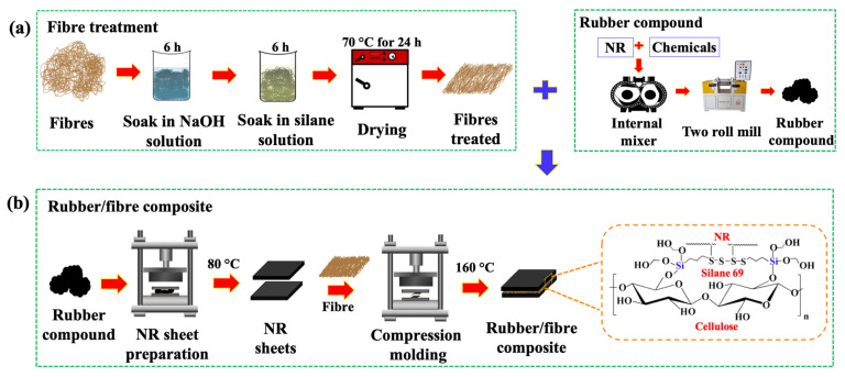 The fabrication of natural rubber/natural fibre sandwich composite samples: (a) the fibre treatment process for PALF or HF and the processing of the rubber compound, and (b) the preparation of rubber/fibre composite via compression moulding process for the Silane69 cellulosic fibre-treated NR composites.