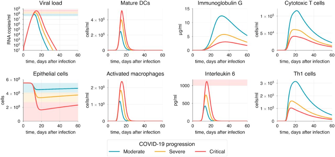 The simulation of moderate, severe, and critical COVID-19 progressions. Shaded areas in some plots indicate severity levels: green for moderate, yellow for severe, and red for critical progression.