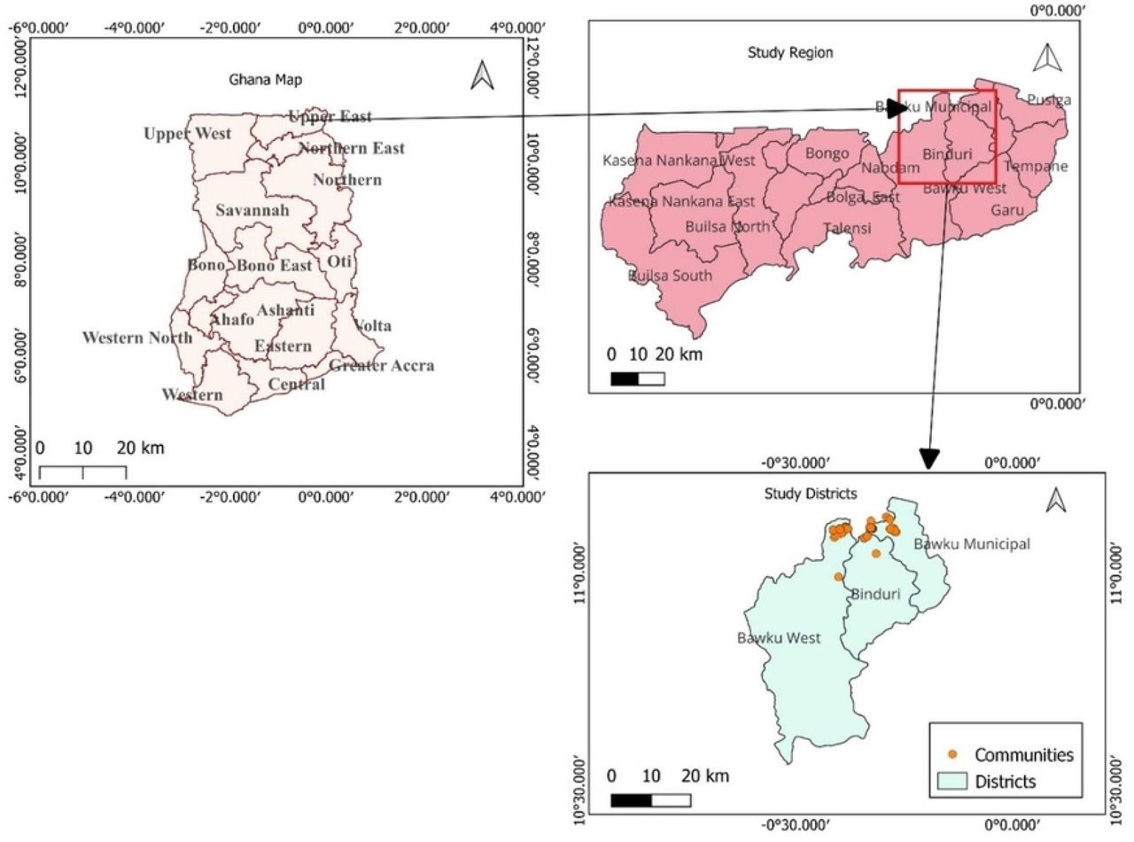 Map showing the regions of Ghana, Upper-East region, and the municipals with refugee communities. Image created in QGis Version 3.28.1 by author Abdul-Wahab Inusah.