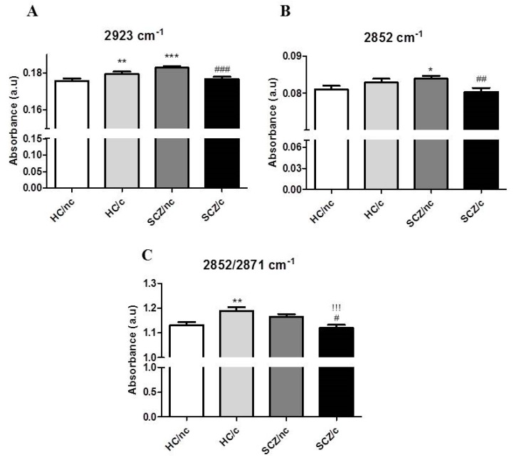 Major peak amplitudes related to the CH2 (A) 2923 cm-1, (B) 2852 cm-1 and (C) the ratio between 2852/2871 cm-1 in ON cells from healthy controls non-cannabis users (HC/nc); healthy controls cannabis users (HC/c); schizophrenic patients non-cannabis users (SCZ/nc) and schizophrenic patients cannabis users (SCZ/c). The data are expressed as means ± S.E.M. *p < 0.05; **p < 0.01; ***p < 0.001 vs. HC/nc. !p < 0.05; !!p < 0.01; !!!p < 0.001 HC/c vs. SCZ/nc. #p < 0.05; ##p < 0.01; ###p < 0.001 SCZ/nc vs. SCZ/c.