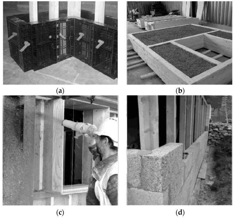 Hemp lime composite techniques: (a) casting monolithic walls, (b) prefabrication of the entire wall elements, (c) spraying, and (d) bricklaying [21].