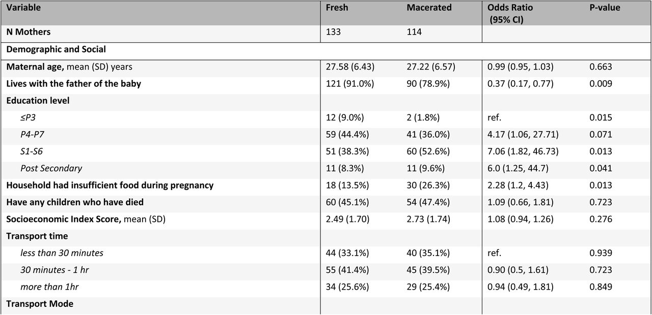 Maternal demographic, clinical, and delivery-related characteristics stratified by type of stillbirth (fresh vs macerated), with univariate odds ratios.The table presents maternal characteristics among women who experienced a stillbirth, stratified by fresh stillbirth and macerated stillbirth. Odds ratios (ORs) and 95% confidence intervals (CIs) were estimated using univariate logistic regression, with macerated stillbirth as the reference category. An OR >1 indicates higher odds of fresh stillbirth relative to macerated stillbirth. Continuous variables are summarized as mean (SD) or median (Q1, Q3), and categorical variables as n (%). The reference category for categorical variables is labeled “Ref.” For non-binary categorical variables, the global p-value is reported in the reference row.