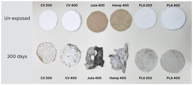 Unexposed nonwoven mulch samples and samples after 300 days of exposure to environmental conditions.