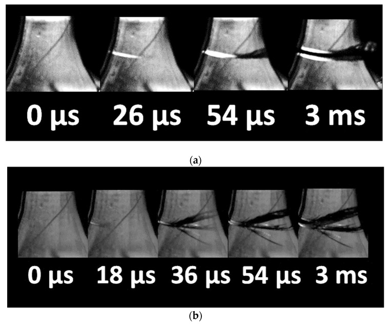 Crack propagation in printed composites (a) LG non-cured state, (b) LC cured state.