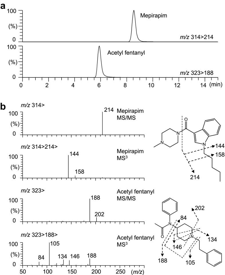 Liquid chromatography–tandem mass spectrometry analysis of mepirapim and acetyl fentanyl in femoral vein whole blood. Multiple reaction monitoring chromatograms for mepirapim and acetyl fentanyl (a). Electrospray ionization product ion spectra of mepirapim and acetyl fentanyl (b)