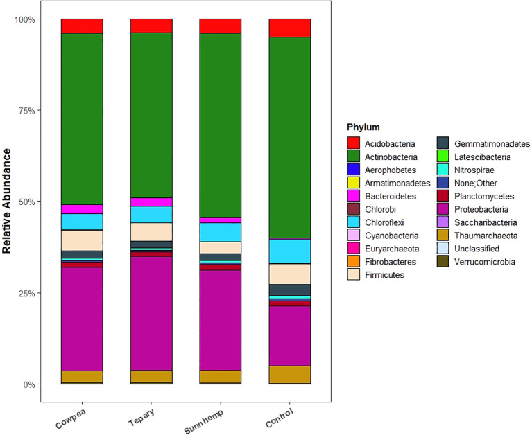 Stacked bar chart showing the relative abundance of soil bacterial phyla across four sample groups: cowpea, tepary, sunnhemp, and control. Each bar is subdivided by color to represent various phyla, with a legend on the right listing corresponding phylum names. Proteobacteria (magenta) and Actinobacteria (green) are dominant across all groups, while other phyla occur in smaller proportions. Y-axis is labeled “Relative Abundance,” ranging from zero to one hundred percent.