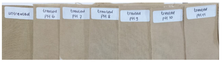 The effect of the in situ ZnO NPs immobilization process at various pH on the color quality of ND-colored Batik fabric.