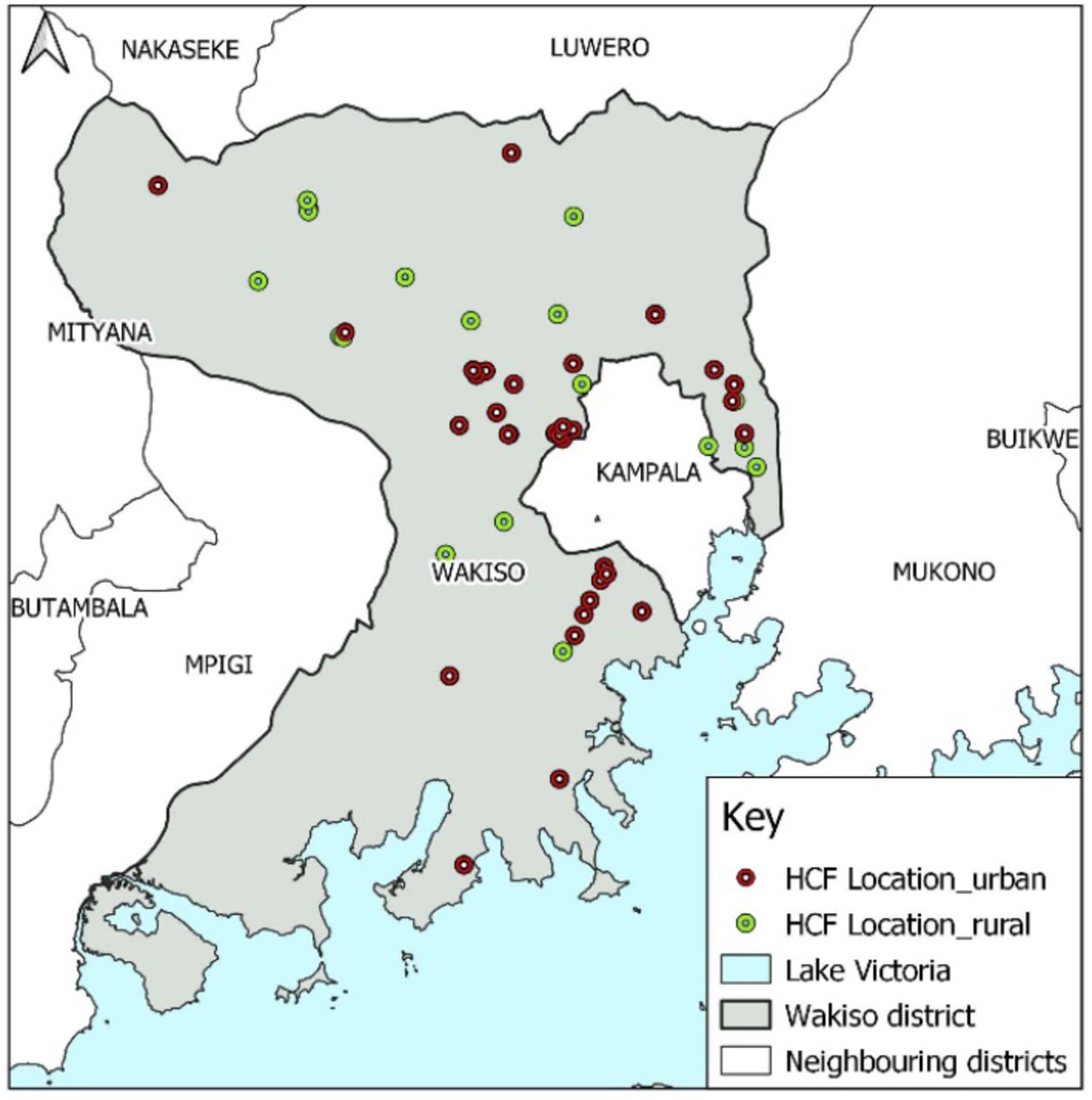 Map of Wakiso district showing the distribution of sampled healthcare facilities by location