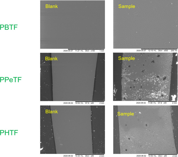 Scanning electron microscopy (SEM) imaging of TPCA-based polyester films after enzymatic hydrolysis. Right side shows the films after enzymatic hydrolysis with Thc_cut1 in 1 M KPO buffer pH 8 at 65°C; left side shows the control reactions.