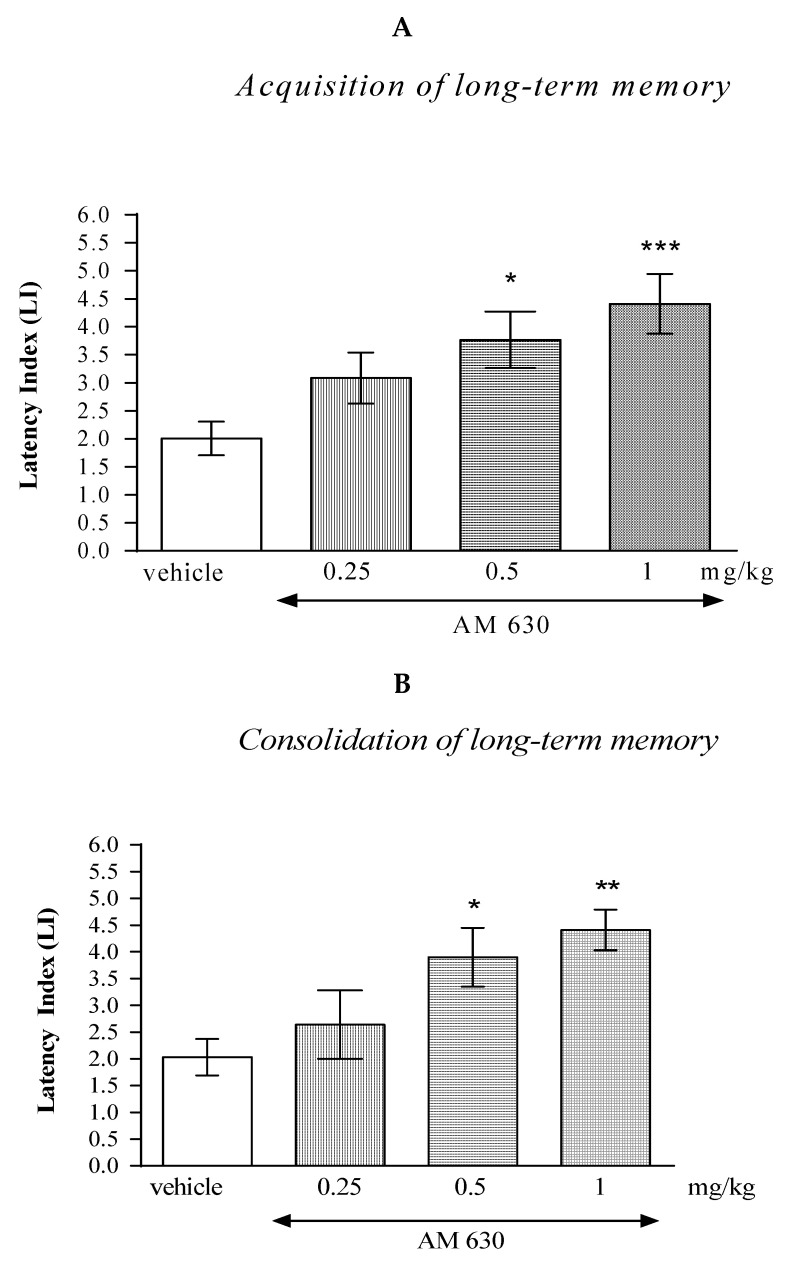 The influence of an acute administration of AM 630 on the cognition-related responses, expressed as latency index (LI), during the acquisition (A) and consolidation (B) of memory using the PA test in mice. AM 630 (0.25, 0.5 or 1 mg/kg) or vehicle were administered 30 min before the first trial (acquisition of memory) or immediately after the first trial (consolidation of memory). The second trial was conducted 24 h after the first one; n = 8–10; the means ± SEM; * p < 0.05; ** p < 0.01; *** p < 0.001 vs. vehicle-treated group; Tukey’s test.