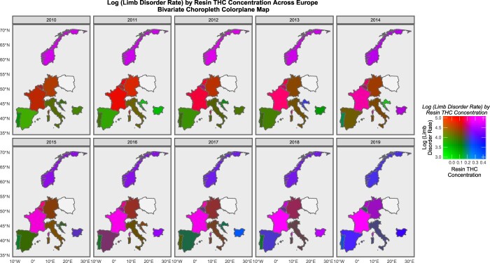 Bivariate colorplane sequential map graph series of log rates of limb anomalies by cannabis resin THC concentration across Europe for studied nations. Relative rates are as described in the colorplane key