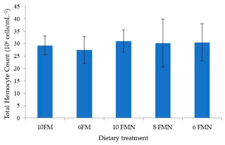 Pacific white shrimp (PWS) total hemocyte count (106 cells/mL−1) at the end of the 110-day growth trial. 10FM (control group; 10% FM), 6FM (6% FM and no nucleotide supplementation), 10FMN (10% FM; 0.1% nucleotides), 8FMN (8% FM; 0.1% nucleotides) and 6FMN (6% FM; 0.1% nucleotides). Values represent the mean of ten replicates.