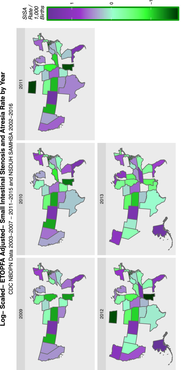 Map-graph of the incidence of small intestinal atresia or stenosis across USA over time