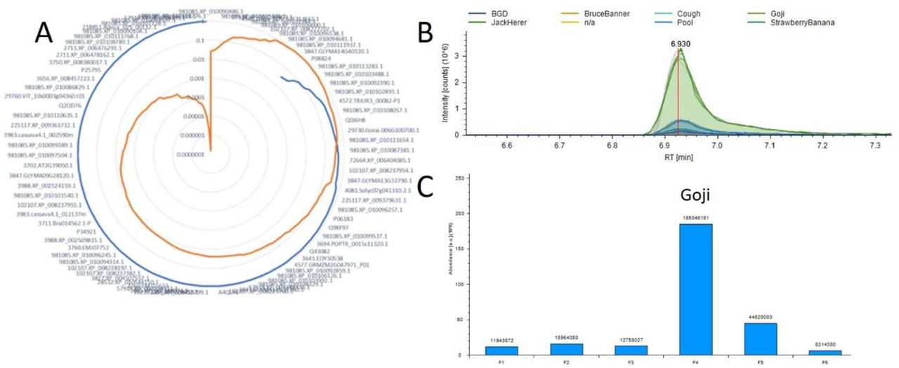 Example correlation analysis plot A) Radar diagram for 11-OH-THC where the blue line represents all positive Pearson Correlation and orange is the p-value for each measurement. B) A plot overlaying the 11-OH-THC metabolite peaks and technical replicates. C) A plot of the protein from A demonstrating the highest correlation with this metabolite.