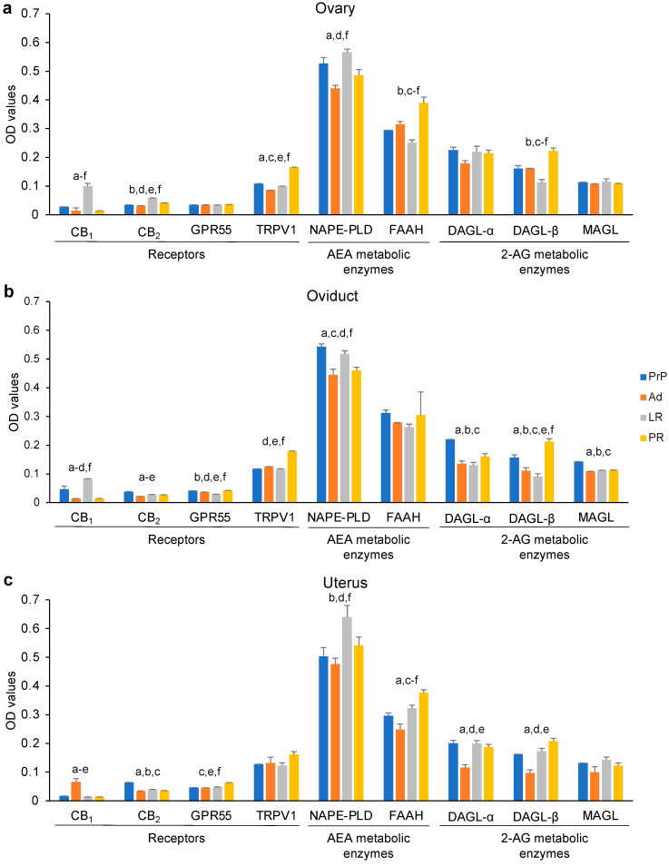 Expression of ECS components in female mouse reproductive tract during aging. Protein expression levels of ECS receptors (CB1, CB2, GPR55, TRPV1), AEA metabolic enzymes (NAPE-PLD, FAAH), and 2-AG metabolic enzymes (DAGL-α, DAGL-β, MAGL) detected in ovaries (a), oviducts (b), and uteri (c) collected from prepubertal (PrP), adult (Ad), late reproductive (LR), and post-reproductive (PR) mice. Results of three independent experiments expressed as mean OD values ± standard error of the mean (SEM). Letters indicate statistical significance (p < 0.05) as follows: a: PrP vs. Ad, b: PrP vs. LR; c: PrP vs. PR; d: Ad vs. LR; e: Ad vs. PR; f: LR vs. PR. For more detailed information, please refer to Table S1 in the Supplementary Materials.