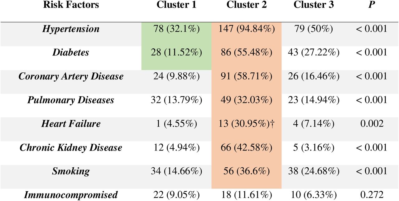 Relevant risk factors in the three COVID-19 clusters obtained using KAMILA.Grey cells in a row: 1 = all pairs significantly different, 2 = those aren’t significantly different. † = slightly different. Green = lowest, Orange = highest.