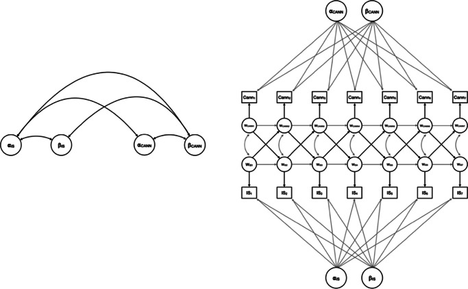 Final modeling structure. Caption: Final models were linear, with fully constrained within-person effects. The left side of the figure depicts the between-person model. The right side of the figure depicts the within-person model. Here, a, ‘intercepts’; β, ‘slopes’; w, ‘wave’; IS, ‘internalizing symptoms’; CANN, ‘cannabis variables’.