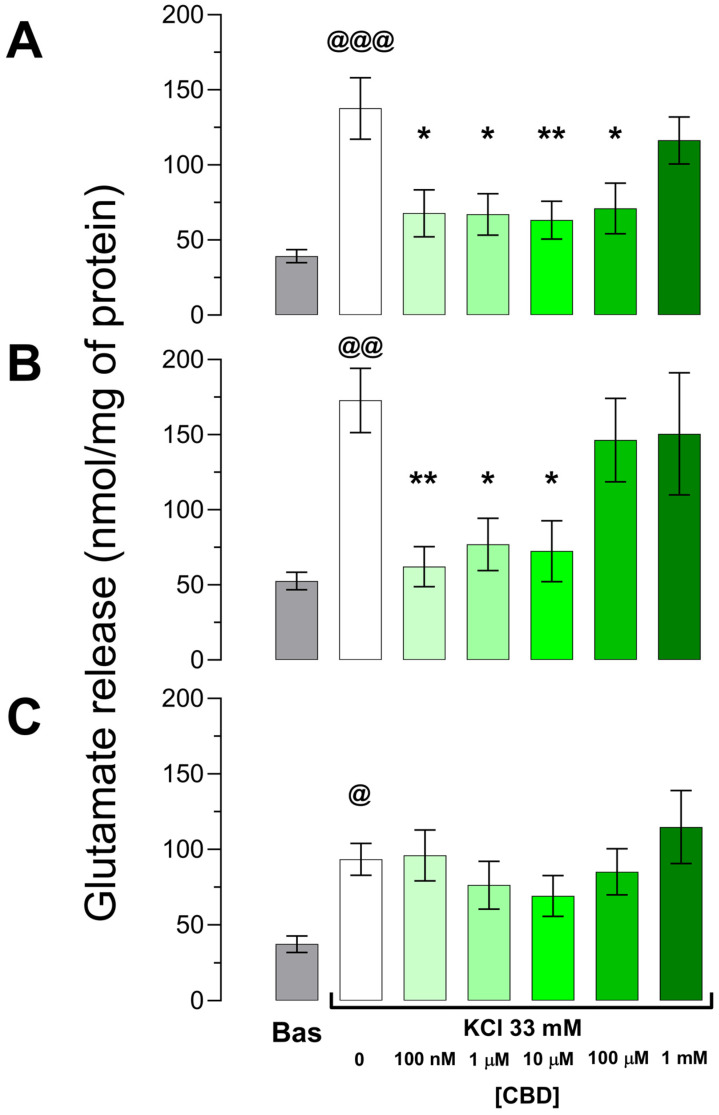 Glutamate-evoked release from synaptosomes obtained from responsive epileptic neocortex to cannabidiol (CBD) of (A) patients with drug-resistant temporal lobe epilepsy, (B) patients with drug-resistant extratemporal lobe epilepsy, and (C) from non-responsive epileptic neocortices to CBD. Note that under basal conditions, glutamate release is similar in all three groups. High potassium depolarization evoked an increase in the extrasynaptosomal glutamate concentration. The increase was avoided when synaptosomes were preincubated with low doses of CBD both in temporal (100 nM to 100 µM, n = 7) and extratemporal DRE (100 nM to 10 µM, n = 7). However, this effect was not evident in the tissue obtained from six patients (panel C, n = 6). Bas: basal. One-way ANOVA followed by Tukey’s test. @ p < 0.05, @@ p < 0.01, @@@ p < 0.001 vs. basal; * p < 0.05, ** p < 0.01 vs. high-KCl alone.