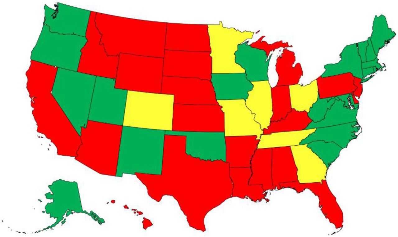 Heat map of the US by overdose death certificate reporting quality. Excellent was defined as ≥ 90% of drug overdose death certificates mention at least one specific drug in 2014, with the change in percentage of drug overdose deaths mentioning at least one specific drug differing by <10 percentage points from 2014 to 2015. Good was defined as 80% to <90% of drug overdose death certificates mentioning ≥ one specific drug in 2014, with the change in the percentage of drug overdose deaths mentioning ≥ one specific drug differing by <10 percentage points from 2014 to 2015. The remaining states were classified as less than good. Additional information may be found in Rudd et al. Morbidity & Mortality Weekly Report 2016; 65:1445-52.