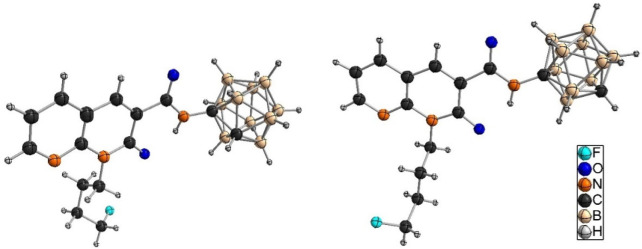 Molecular structures of 9 (left) and 10 (right). For 9, a disorder of the carborane substituent at two positions (81:19) is observed (not shown).
