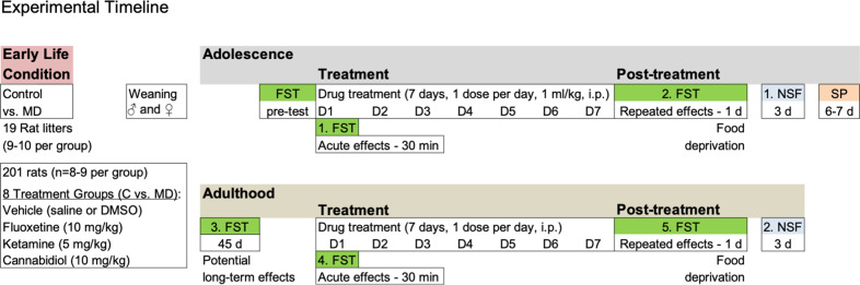 Experimental timeline.A total of 201 rats were exposed in early-life to maternal deprivation (MD) or control conditions, followed by a battery of behavioral tests (FST forced-swim, NSF novelty-suppressed feeding, SP sucrose preference) in mid/late-adolescence and adulthood during and/or following drug treatment (vehicle, ketamine, cannabidiol, and fluoxetine). D day of treatment, d day post-treatment.