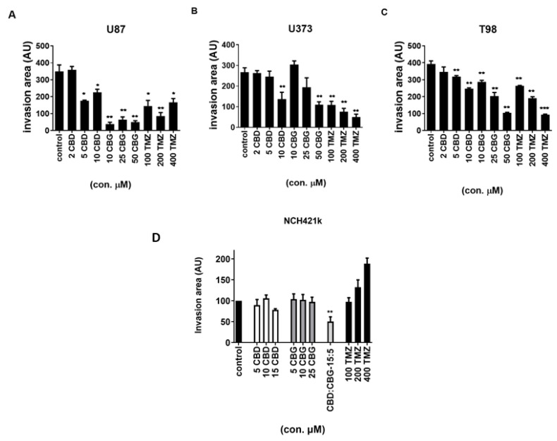 The effect of CBD and CBG on GB and GSC cell invasion. The cells were grown as spheroids, as described in Material and Methods (Section 2.6). These spheroids were treated with CBG (10, 25, and 50 µM), CBD (2, 5, and 10 µM), and TMZ (100, 200, and 400 µM). The spheroids were then covered with 5 mg/mL Matrigel matrix. The invasion distance was measured after seven days for U87 cells (A) and after five days for U373 cells (B) and T98 cells (C) under the fluorescence microscope NIKON-Eclipse Ti at 4x magnification. The invasion area was normalized to the spheroid diameter, as determined by ImageJ software and described in the Materials and Methods (Section 2.6) [38,43]. Data are presented as mean ± S.E.M. of five to six independent experiments. Statistical analyses were performed using GraphPad Prism software, using one-way ANOVA (* p < 0.05, ** p < 0.01, and *** p < 0.001). Inhibition of cell invasion was observed upon CBG and TMZ treatment in all three GB cell lines and statistical significance is presented. No statistically significant decrease in cell invasion after CBD, CBD, or TMZ treatment alone was observed in the GSC line NCH421k, but the combination of CBD:CBG in the ratio of 3:1 significantly inhibited invasion by nearly 50% (D). Data are presented as the mean ± S.E.M. of five to six independent experiments. ** p < 0.01.
