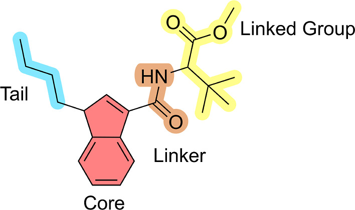 Scaffold of SCs with four molecular regions highlighting the tail (in blue), core (in red), linker (in orange), and linked group (in yellow).