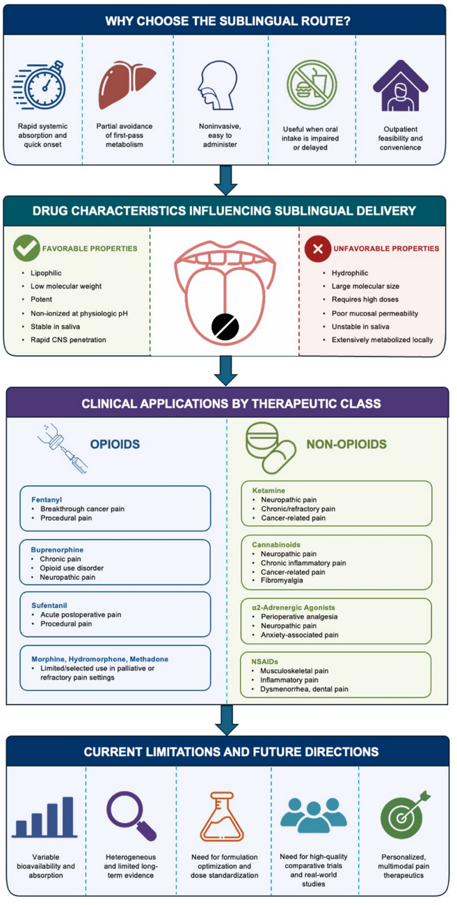 Overview of Sublingual Analgesic Therapy. This figure summarizes the advantages of sublingual (SL) drug delivery, key physicochemical properties influencing SL absorption, representative opioid and nonopioid analgesic applications, and current limitations and future directions of SL therapeutics in pain management. CNS central nervous system