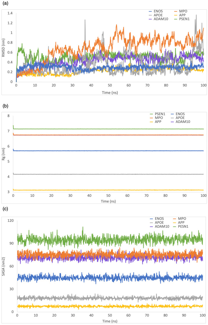 MD simulation analysis of the system of CBD analog–target complexes over 100 ns: (a) RMSD; (b) Rg; (c) SASA.
