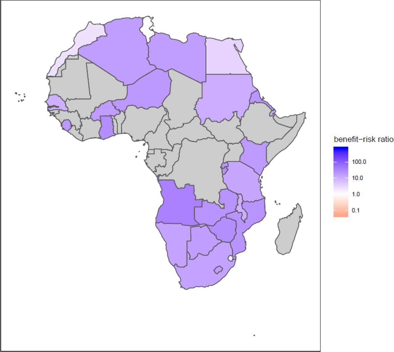 Benefit-risk ratio of vaccines delivered in the fifth vaccination-related clinical visit (1-dose MCV2) for children at 15-18 months of age during the COVID-19 pandemic in Africa.The central estimates for benefit-risk ratio at the household level show the child deaths averted by continuing the routine childhood immunisation programmes (1-dose MCV2 for children aged 15-18 months) per excess COVID-19 death caused by SARS-CoV-2 infections acquired in the vaccination service delivery points. Benefit-risk ratio above 1 indicates in favour of sustaining the routine childhood immunisation during the COVID-19 pandemic. Grey shading indicates null MCV2 coverage.