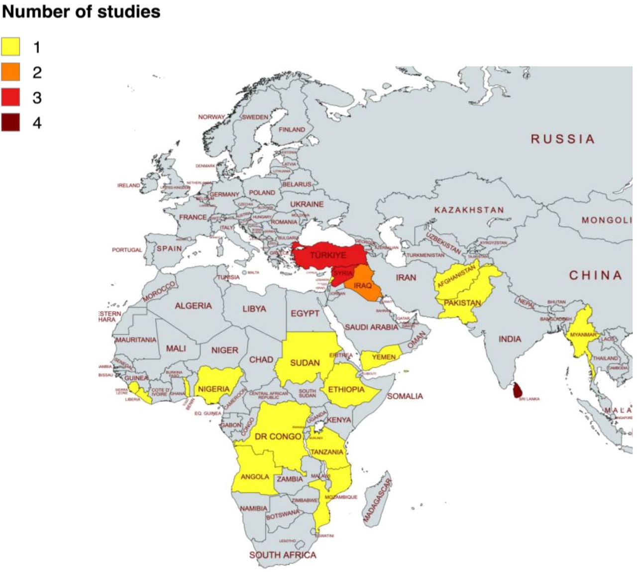Geographic spread of the 26 papers in this review, created using mapchart.net. The American Regions are excluded from this figure as no studies were included from that region.