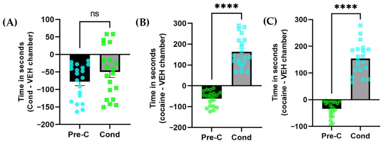Pre-conditioning (Pre-C) and conditioning (Cond) results of pooled groups for (A) Experiment 1, (B) Experiment 2 and (C) Experiment 3 (n = 10 per group). Data are presented as means ± standard error of the mean (SEM). Each panel shows the comparison between Pre-C and Cond phases, where an increase in time spent in the conditioned chamber indicates successful CPP acquisition. (****) for p < 0.0001 versus Pre-C, ns, not significant.