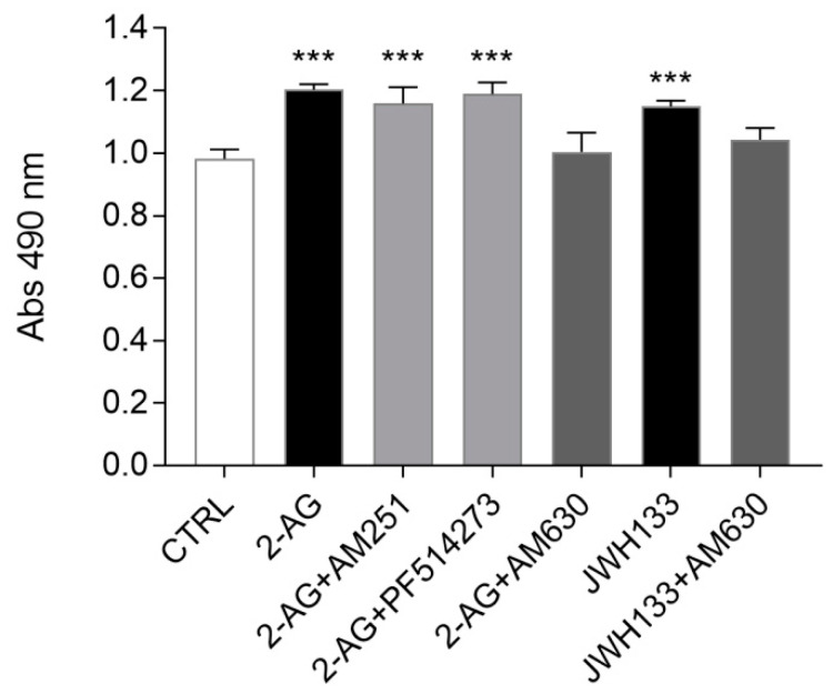 Evaluation of the effects of 2-AG and JWH133 alone or in the presence of specific CB1/CB2 antagonists on ST14A cell number. 2-AG (5 μM) induces an increase of ST14A cell number after 24 h, with respect to control cells (CTRL). The effect was not reverted by the coadministration of 2-AG with the CB1 selective antagonists AM251 (250 nM) and PF514273 (50 nM); on the other hand, cell number was comparable to control when 2-AG was coadministered with the selective CB2 antagonist AM630 (300 nM). Similarly, the selective CB2 receptor agonist JWH133 (300 nM) induced ST14A cell number increase, which was specifically reverted by the coadministration of AM630 (300 nM). Data from the MTS assay are expressed as means ± SD of the absorbance (λ = 490 nm); n = 5 replicates, 3 independent experiments. *** = p ≤ 0.001 vs. control.