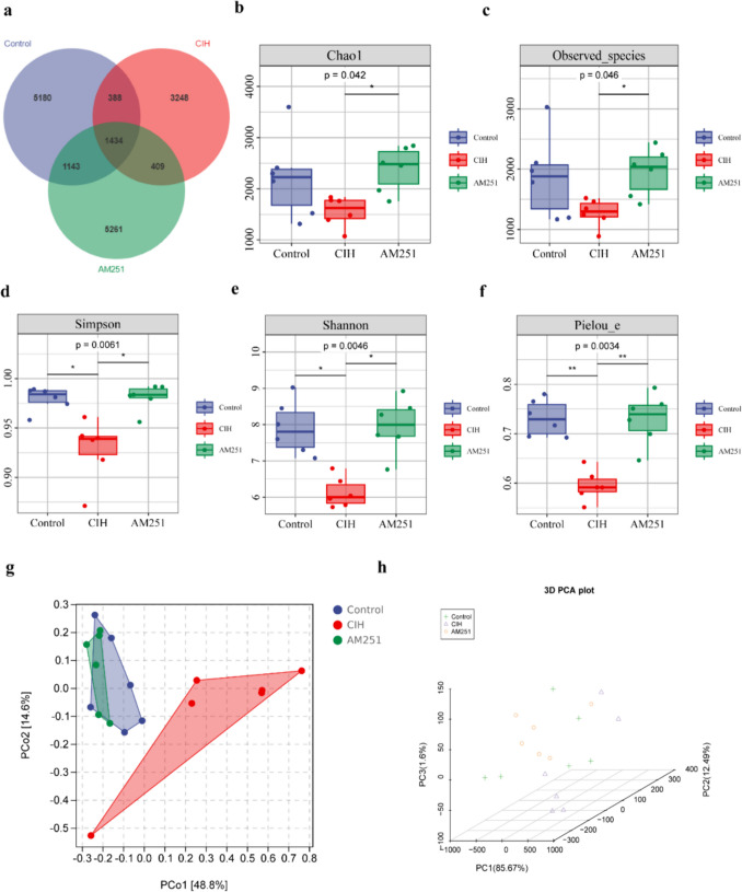Effect of inhibiting CB1 receptor on intestinal microbiome of OSA mice. a OTU Wayne chart; b-c Chao1 and Observed_species indicate the richness of the community; d-e Shannon and Simpson indicate the diversity of the community; and f Pielou_e indicate the evenness of the community. g PCoA principal component analysis based on weighted_unfirc distance. h 3D. *P < 0.05, **P < 0.01