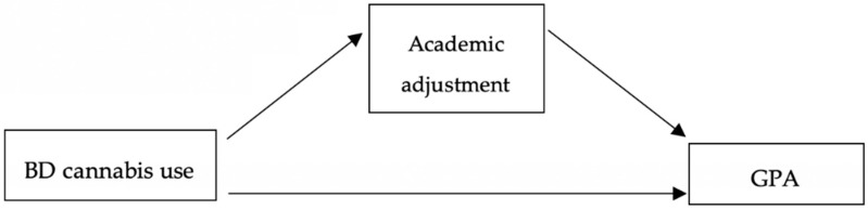 Mediation model for academic adjustment in the relationship between alcohol/cannabis consumption and grade point average (GPA).