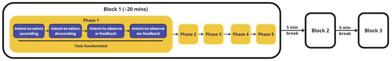 Experiment timeline depicting the sequence of tasks. Each block comprises five phases with the four tasks’ (Intent- to-select ascending, Intent-to-select descending, Intent-to-observe with feedback, Intent-to-observe without feedback) order randomized within each phase.