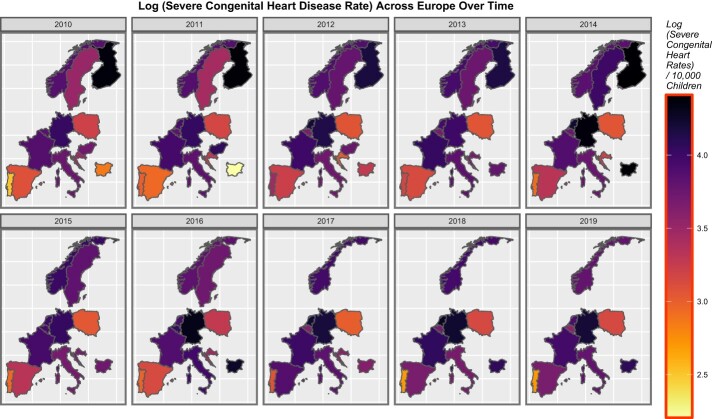 Sequential map-graphs of log (rates of severe CHD) across selected European countries over time, 2010–2019