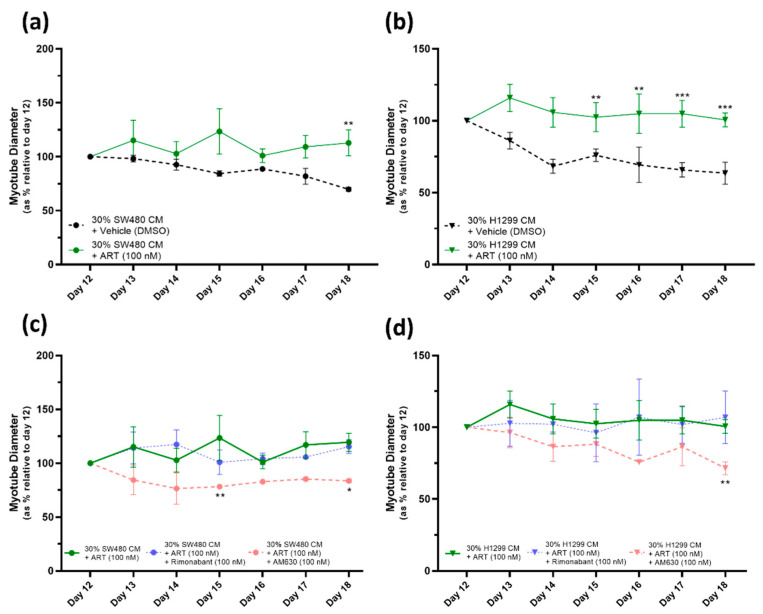 ART27.13 protects against cancer-induced skeletal muscle cachexia via agonism of the cannabinoid receptor type 2. (a–d) At day 12, cancer CM was introduced to induce cachexia: 30% SW480 CM/70% DM or 30% H1299 CM/70% DM. Drug treatments were added simultaneously. Cells were monitored and myotube diameters were measured daily for 6 days. Data are presented as % relative to diameter of mature myotubes at day 12. All data are mean ± SEM of at least n = 3. (a,b) Data demonstrate that ART27.13 prevents the myotube degeneration caused by both SW480- (a) and H1299- (b) CM-induced cachexia. The vehicle (DMSO [0.1%]) has no impact on the myotube degeneration caused by the cancer-CM-induced cachexia, a gradual decrease in myotube diameter is observed. Whereas the ART27.13 [100 nM] treated myotubes, subjected to the same cancer CM cachexia conditions, do not display myotube degeneration, with myotube diameter remaining steady over the treatment period. Significant differences between ART27.13 and vehicle treated groups are shown (* = p ≤ 0.05, ** = p ≤ 0.01 and *** = p ≤ 0.001). (c,d) Graphs include the 30% SW480 CM + ART27.13 [100 nM] (c) and the 30% H1299 CM + ART27.13 [100 nM] (d) data group as per (a) and (b), respectively, demonstrating the protective effect of ART27.13 against myotube degeneration. The two further treatment groups assess whether the addition of CB1R selective antagonist Rimonabant and/or CB2R selective antagonist AM630 interfere with the beneficial effect of ART27.13. In both 30% SW480- (c) and 30% H1299- (d) cancer-CM-induced cachexia conditions, the CB1R antagonist Rimonabant does not affect the protection provided by ART27.13. However, the CB2R antagonist AM630 significantly negates the protection against myotube degeneration provided by ART27.13 treatment. Significant differences between combined ART27.13 and antagonist treatment versus ART27.13 treatment alone are shown (* = p ≤ 0.05, ** = p ≤ 0.01).