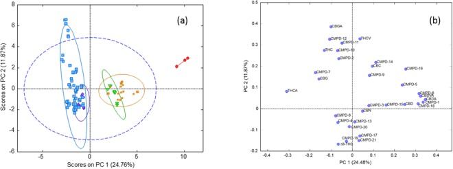 Principal Component Analysis (PCA) of cannabinoid profiles classified according to THC/CBD contents (a) scores plot (b) loadings plot.