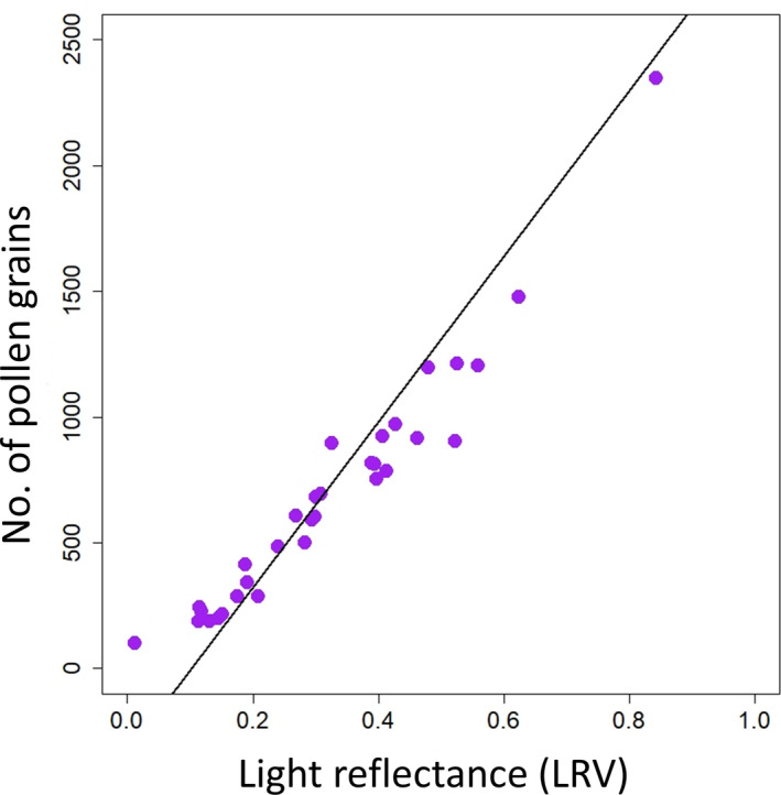 The linear relationship between the number of pollen grains counted in a 5‐μL liquid suspension using microscopy and the reflectance of the same sample using visible light spectroscopy at a wavelength of 425 nm. Note: the visible light spectrometer was standardized to 3; LRV is the proportion of light reflected by the suspension.