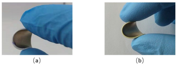 Elaborated flexible samples with 8% vol. of structured composite: (a) ZnO MRs/PDMS and (b) ZnO MPs/PDMS.
