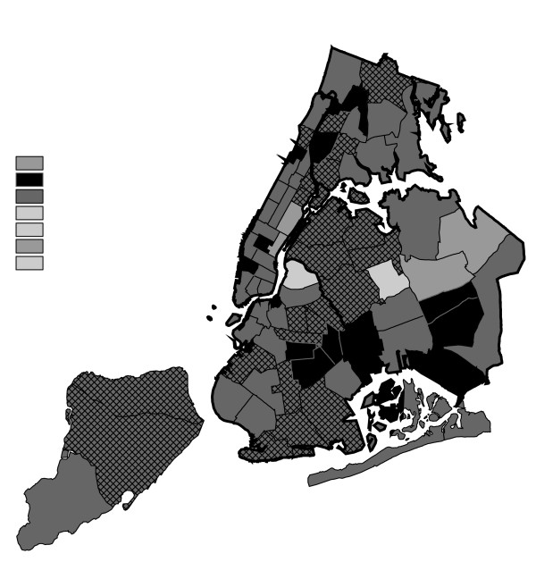 Marijuana in Public View Arrests by NYPD Precinct in 2002 (n = 44,110).