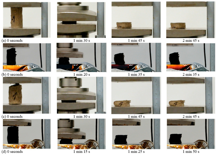 Investigations of the compressive mechanical properties of cellulose aerogels: (a) deformation of samples up to 90% of their deformation limits when testing dry samples of paper-waste and starch K0.5-P5, first cycle; (b) deformation–relaxation up to 70% deformation limits of samples based on samples made from paper-waste and starch K0.5-P5, or (c,d) by inserting the hemp fiber K0.25-KA0.25-K5.